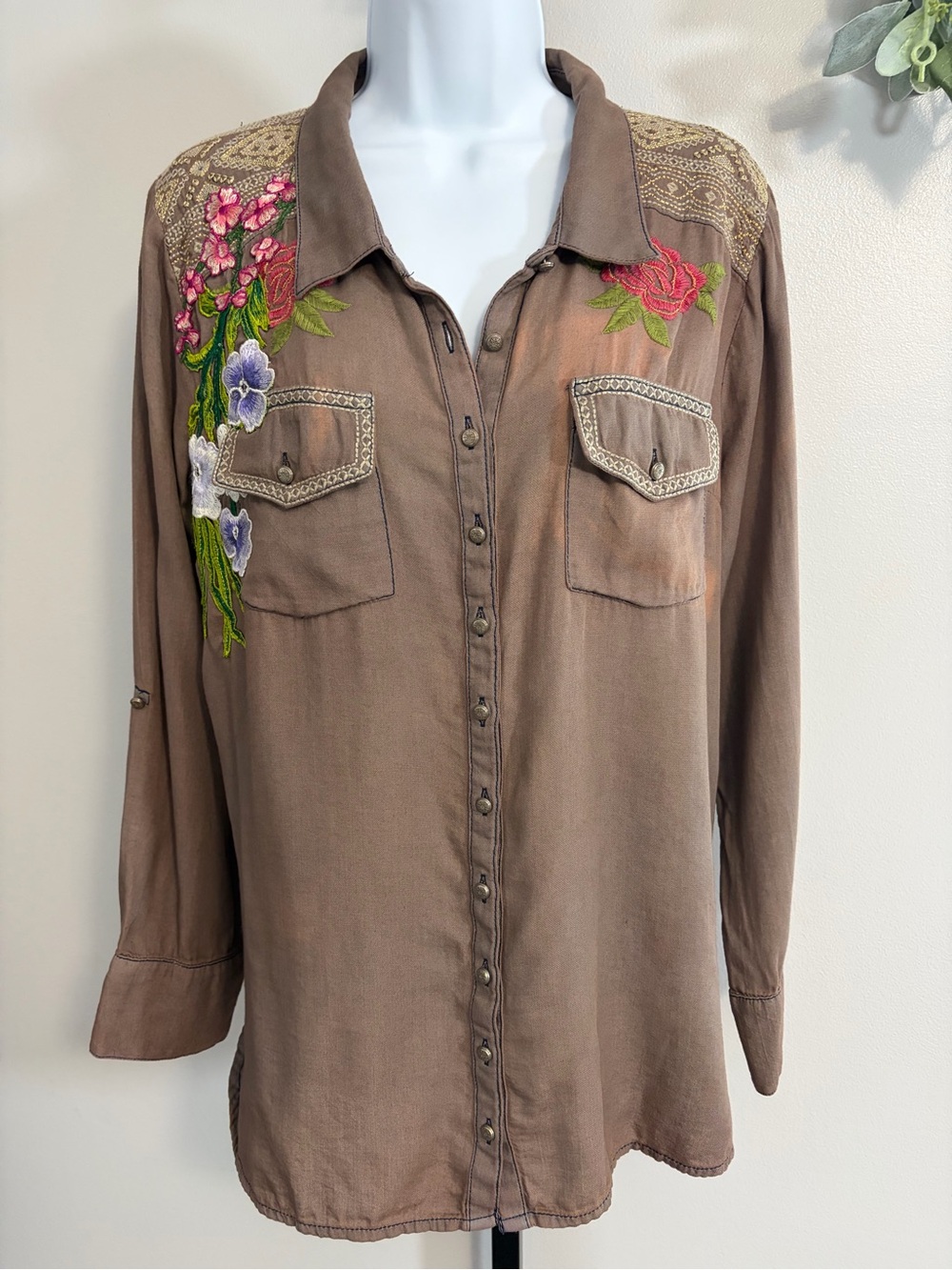 NWOT Aratta Silent Journey- Brown Button-Front Shirt with Details Galore
